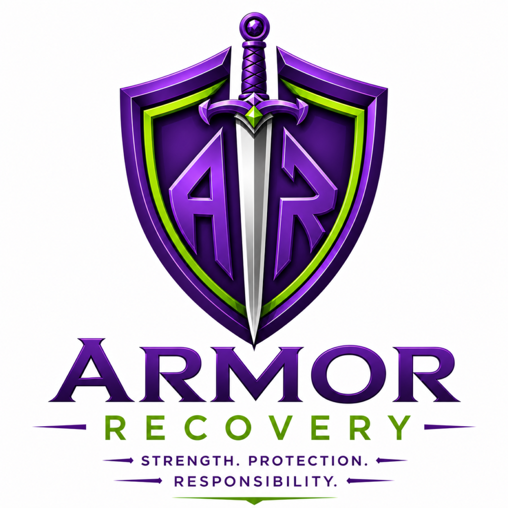 Armor Recovery logo featuring a shield and sword